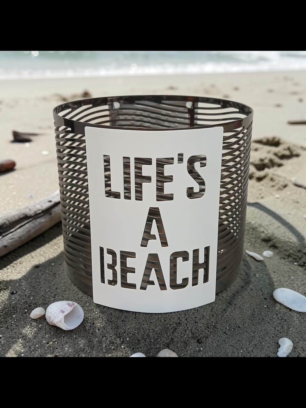 "Life's A Beach"  " Enjoy The Waves" Metal Candle Holder- White & Gunmetal